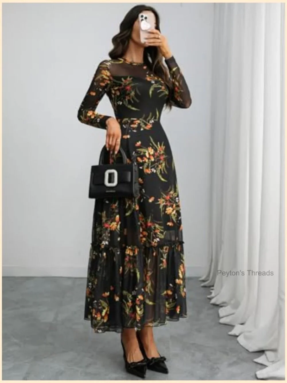 Floral Mesh Maxi Dress Long Sleeve A Line Ruffle Hem Wedding Guest - Picture 6 of 7